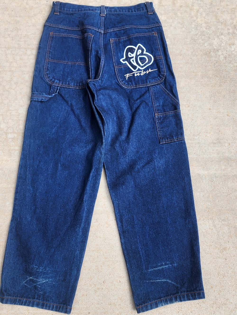 FUBU Vintage 90s Dark Blue Denim Baggy Carpenter Jeans with Pocket Logo, Sz 32